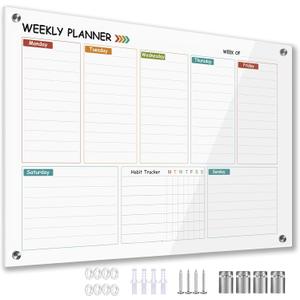 Glass Colorful Weekly Dry Erase Calendar Whiteboard for Wall,24"x 36",Frameless Mounting,Office/School/Home, Frameless Large Planner White Board