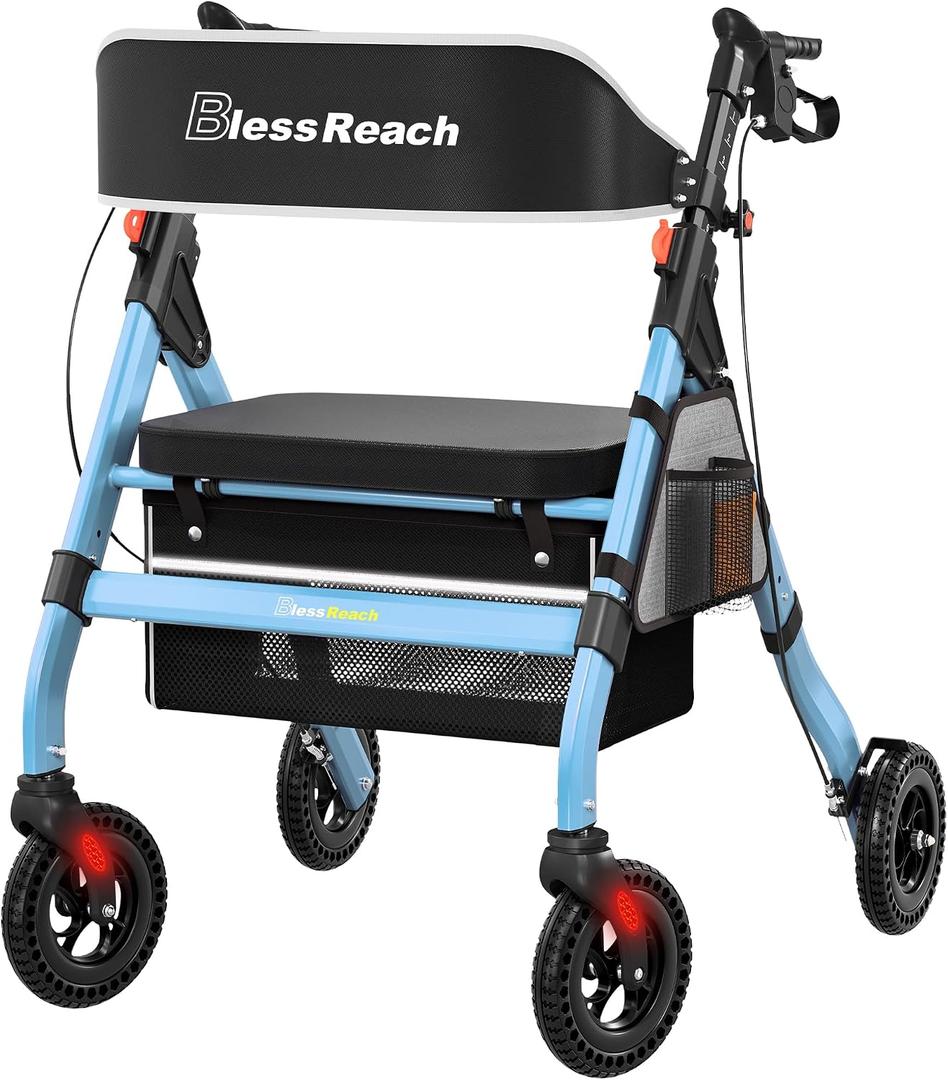 BlessReach Foldable Rollator Walkers with Seat for Seniors, 450 lb Capacity, 8'' Wheels, 18" Big Seat, 6-Position Adjustable Height, Heavy-Duty Aluminum Rolling Walker (Blue)