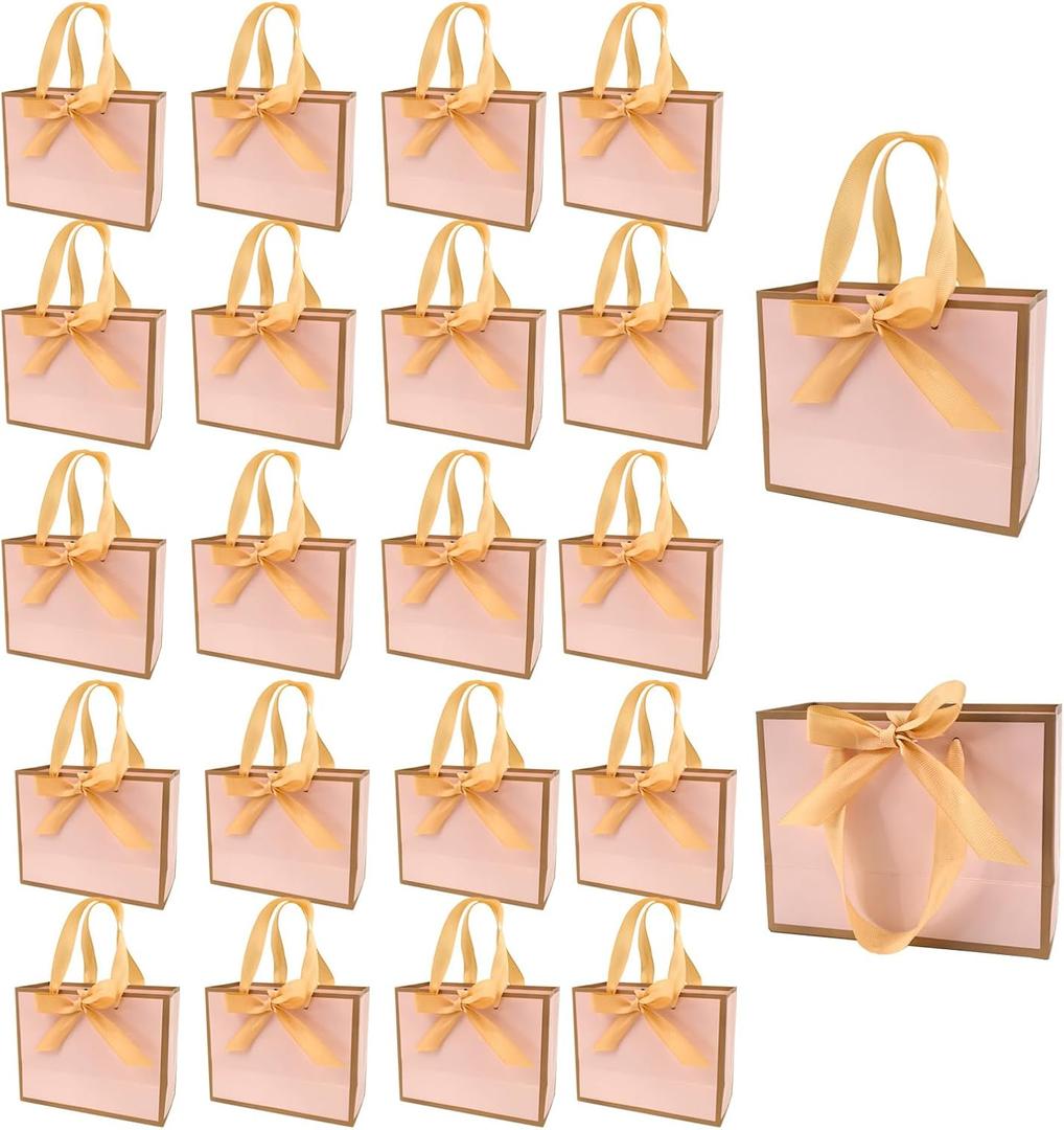 TKSBAG 100 Pack Pink and Gold Gift Bags with Bow Handles, 6.43.15.1 In Small Thank You Bags Bulk for Birthday, Weddings, Baby Shower, Party Favors, Mother's Day