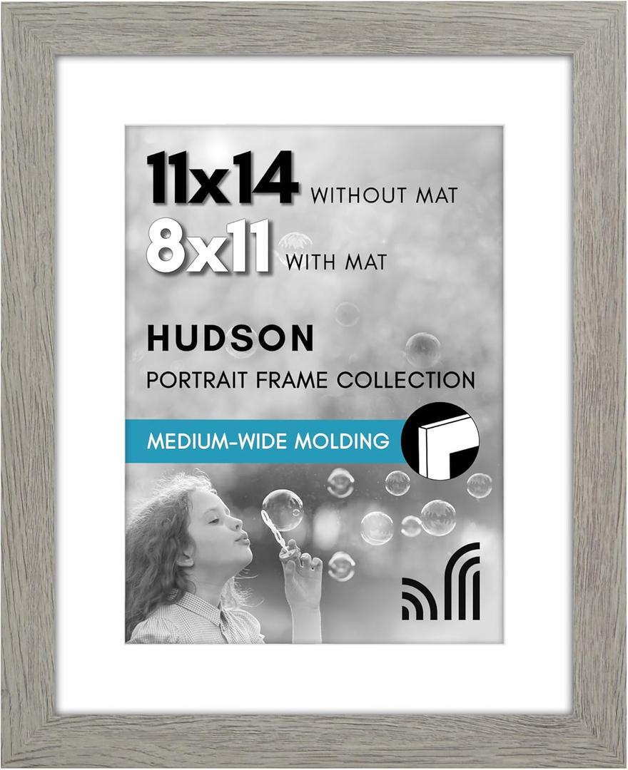 Americanflat 11x14 Picture Frame with Shatter-Resistant Glass - Use as 8x11 Frame with Mat or Display 11x14 Photo Without Mat - Hudson Collection - Wide Picture Frames for Wall Display - Grey Wood