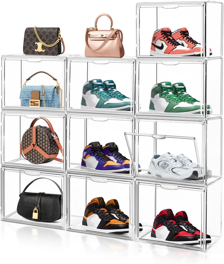 10Pack Purse Organizer for Closet,Sneaker Storage Box Clear Acrylic Display Case for Handbag Storage Organizer, Plastic Handbag Containers With Magnetic Lid Box for Collectibles,Shoes,Boots,Book