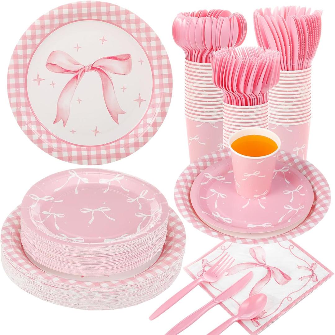 350 Pcs Pink Bow Plates and Napkins, 50 Guest Coquette Party Supplies Include Gingham Paper Plates Bow Napkins Cups Plastic Spoons Forks Knives Birthday Tableware Set for Baby Shower