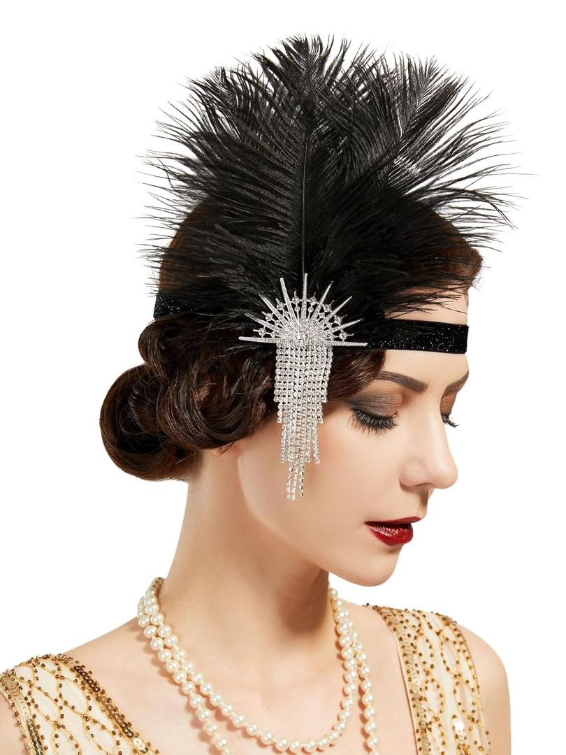 SWEETV 1920s Flapper Feather Headband Sparkling Rhinestone Roaring 20s Showgirl Gatsby Headpiece Hair Accessories (Black)