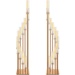 Dandat 2 Pcs 12 Arm Candle Holder 57.5 Inch Tall Cluster Candelabras Centerpieces Floor Candelabra Standing with Clear Acrylic Electronic Candle Shades for Wedding Spring Valentines Christmas(Gold)