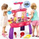 Water Table for Toddlers 3-5 with Water Pumb, 3-Tier Kids Sand Water Table, Rain Showers Splash Pond for Outdoor Beach Backyard Summer, Activity Sensory Play Table for Girls, Pink