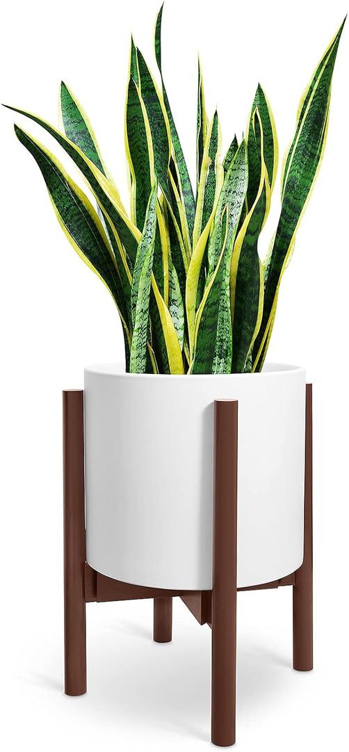 10 Inch Matte White Ceramic Flower Pot with Solid Wood Stand, Straight Cylinder Planter with Drainage Hole - Handmade Modern Minimalist Design for Indoor/Outdoor Plants, Succulents, Herbs, Home Decor