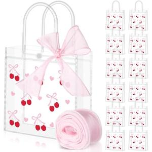 Sweetude 12 Pcs Bow Clear PVC Gift Bags with Handle Ribbon Coquette Bowknot Party Favor Bags with Ribbon for Wedding, Bridal Party, Baby Shower, Valentine, Birthday(Cherry Bow)