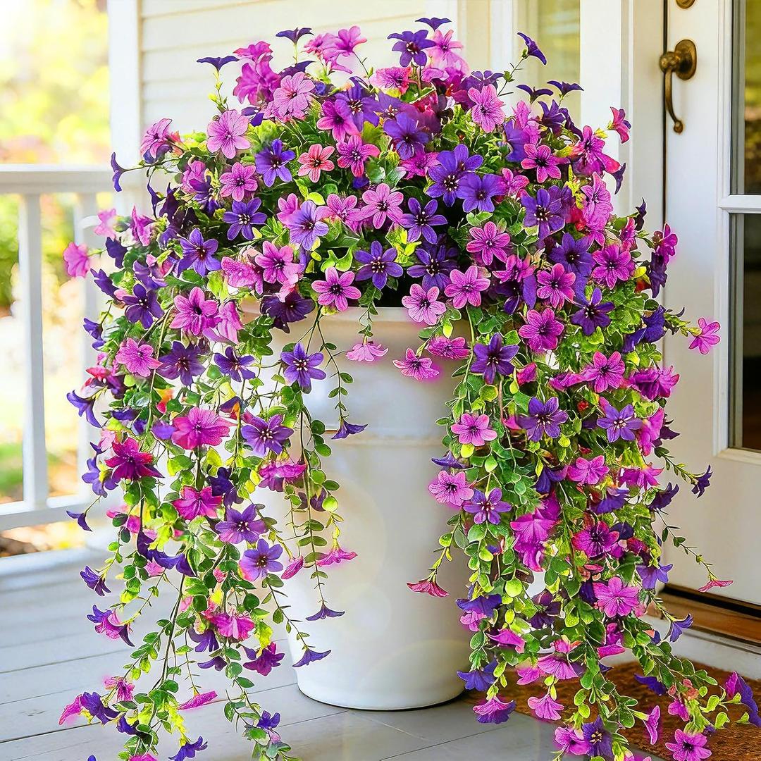 CCILAND 2 PCS Artificial Hanging Flowers for Outdoors, Fake Flower Plants UV Resistant Faux Hanging Spring Flowers for Home Porch Garden Patio Yard (Double Purple)