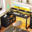 YITAHOME L Shaped Desk with Drawers, 55" Corner Computer Desk with Power Outlets, L-Shaped Desk with LED Lights & File Cabinet for Home Office, Black