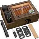 KEJIAR Cigar Humidor with 2 Side Cigar Accessories Boxes,Glass Top Cedar Small Cigar Humidor with Cigar Cutter,V-Cutter, Humidifier and Digital Hygrometer, Cigar Gifts for Men