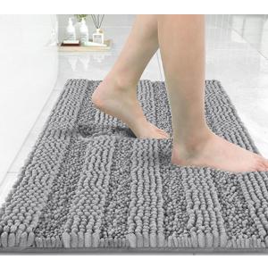 Yimobra Bathroom Rug Mat 32 x 20, Non Slip and Super Absorbent Bath Mat,Machine Washable Quick Dry,Ultra Plush Chenille Shower Rugs for Bathroom Floor Sink Tub and Shower Outside,Light Grey