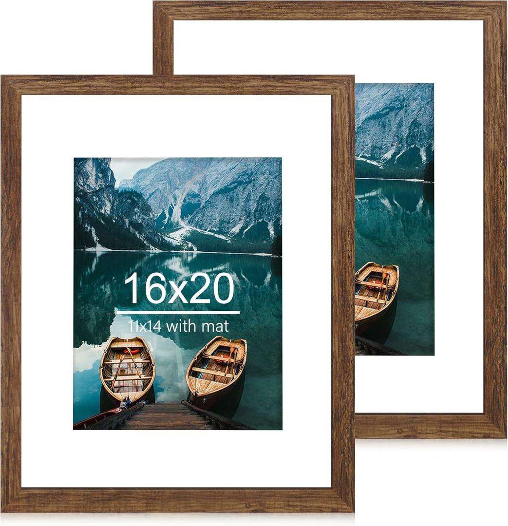 16x20 Frames Set of 2, Rustic Brown Wood Style - Display 16 x 20 Picture without Mat or 11x14 Picture with Mat, Wall Mounting Horizontal and Vertical