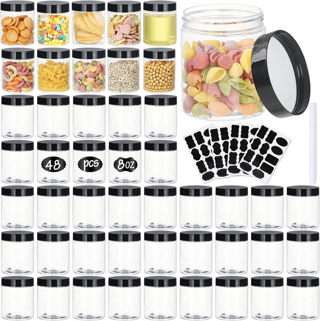 Jars with Lids, 48pcs 8 oz Plastic Containers with Lids Pen Labels Leak Proof BPA Free Airtight Refillable Clear Small Containers Storage Jars for Storing Dry Food Makeup Slime Honey Jam (8oz Black