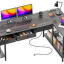 PRAISUN 63 Inch L Shaped Office Desk with Power Outlets and Type-C Port, Large Computer Gaming Desk with 3 Fabric Drawers, Mesh Shelves, Corner Study Work Writing Desk, Grey