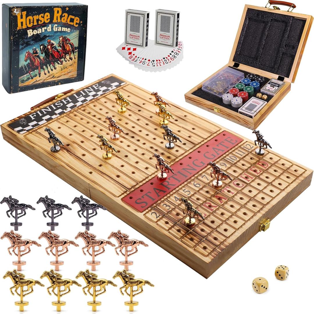 Wooden Finish Line Horse Racing Board Game Equipped with 11 Luxury Metal Craft Horses Adult Chessboard Including 2 Dice and 2 Boxes of Cards Folding Box Game Board (Light Flame)