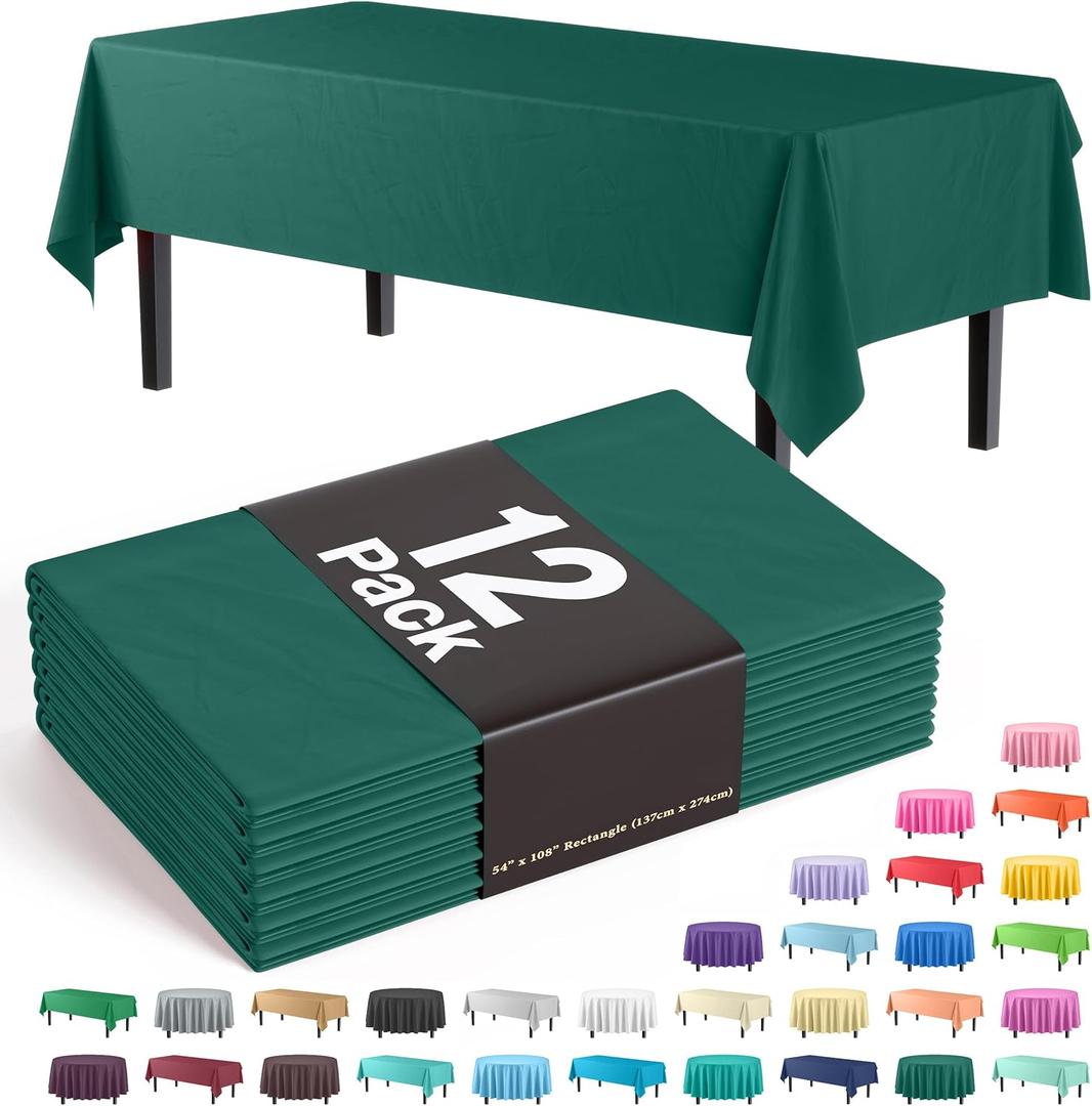 Exquisite 12-Pack Premium Plastic Tablecloth 54in. x 108in. Rectangle Table Cover - Dark Green