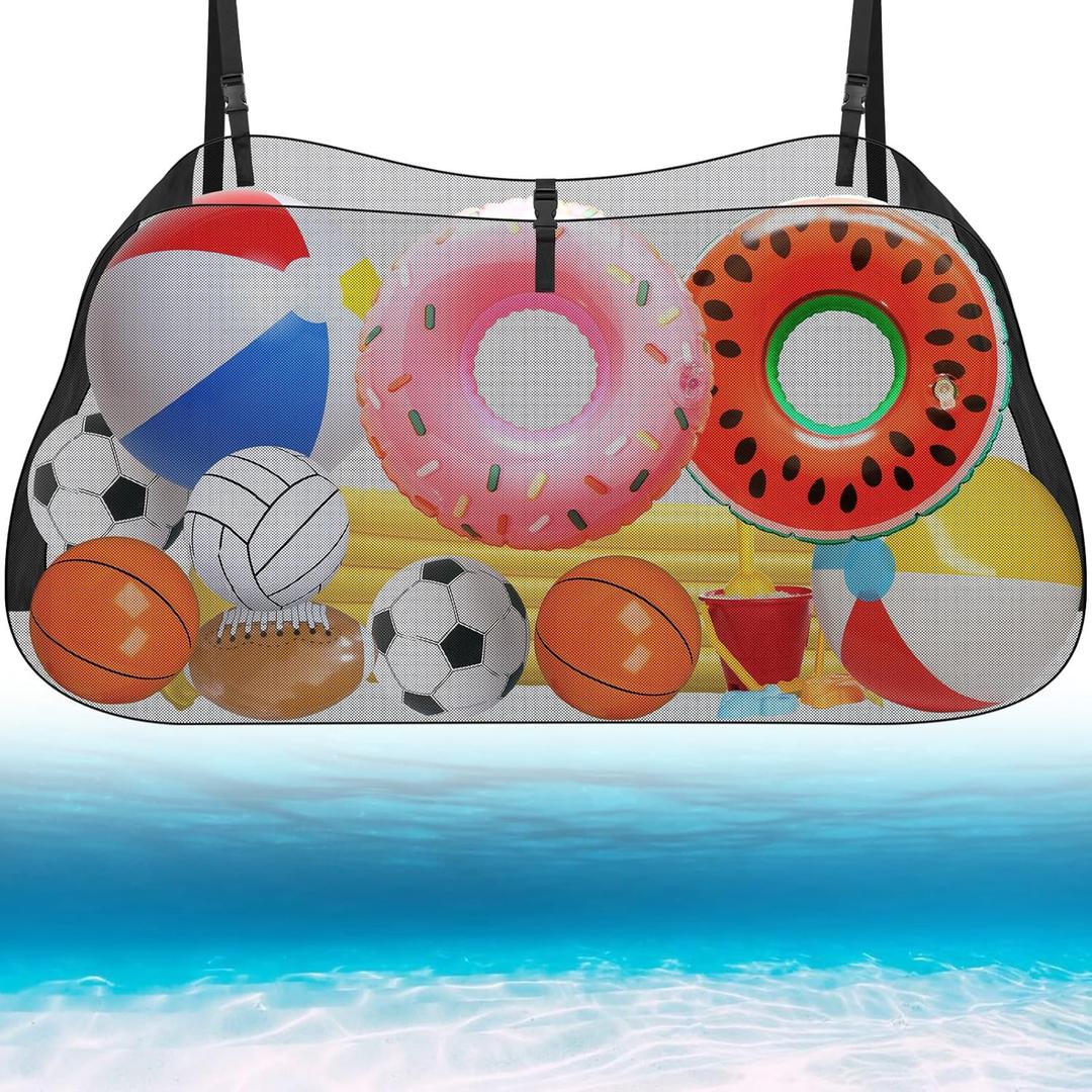 Pool Float Storage Net, Hanging Pool Float Storage Organizer Mesh Bag Adjustable and Foldable Pool Flosts Holder Pouch for Inflatable Balls Toys, Rafts, Swimming Ring, Noodles and Other Pool Supplies