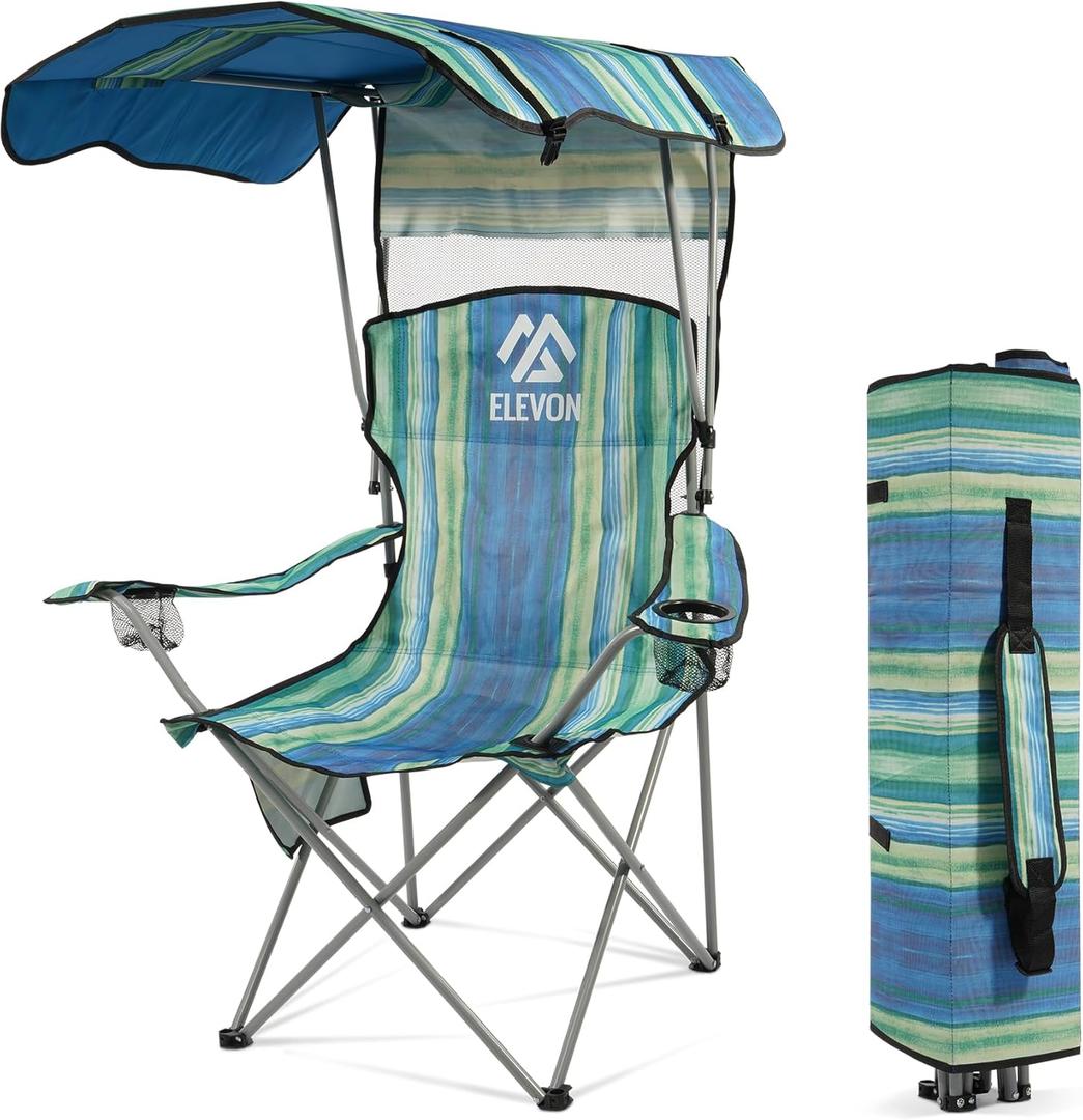 Camping Chair, Oversized Folding Chair with Canopy, Portable Outdoor Chair with Arms, Cup Holder and Carry Bag for Camping, Fishing, Beach, and Sports, Multi-Color