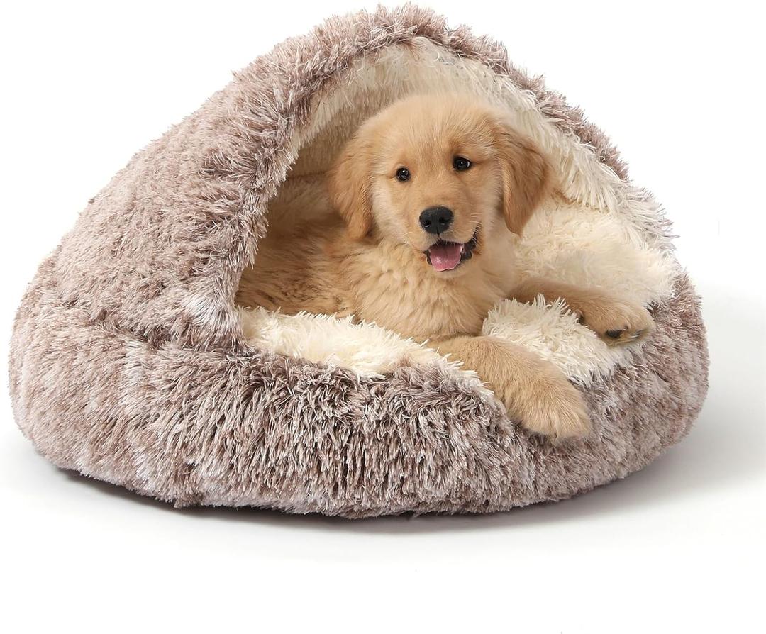 NOYAL Round Hooded Donut Dog Bed for Small & Medium Pets - Plush Fluffy Anti-Anxiety Cat Cave Bed with Cover (Large 27.5'', Gradual brown)