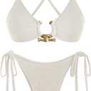 ZAFUL Women's Sexy Cutout Bikini Set High Cut Textured Metal Ring Cheeky Swimsuit Two Piece Bathing Suit (L)