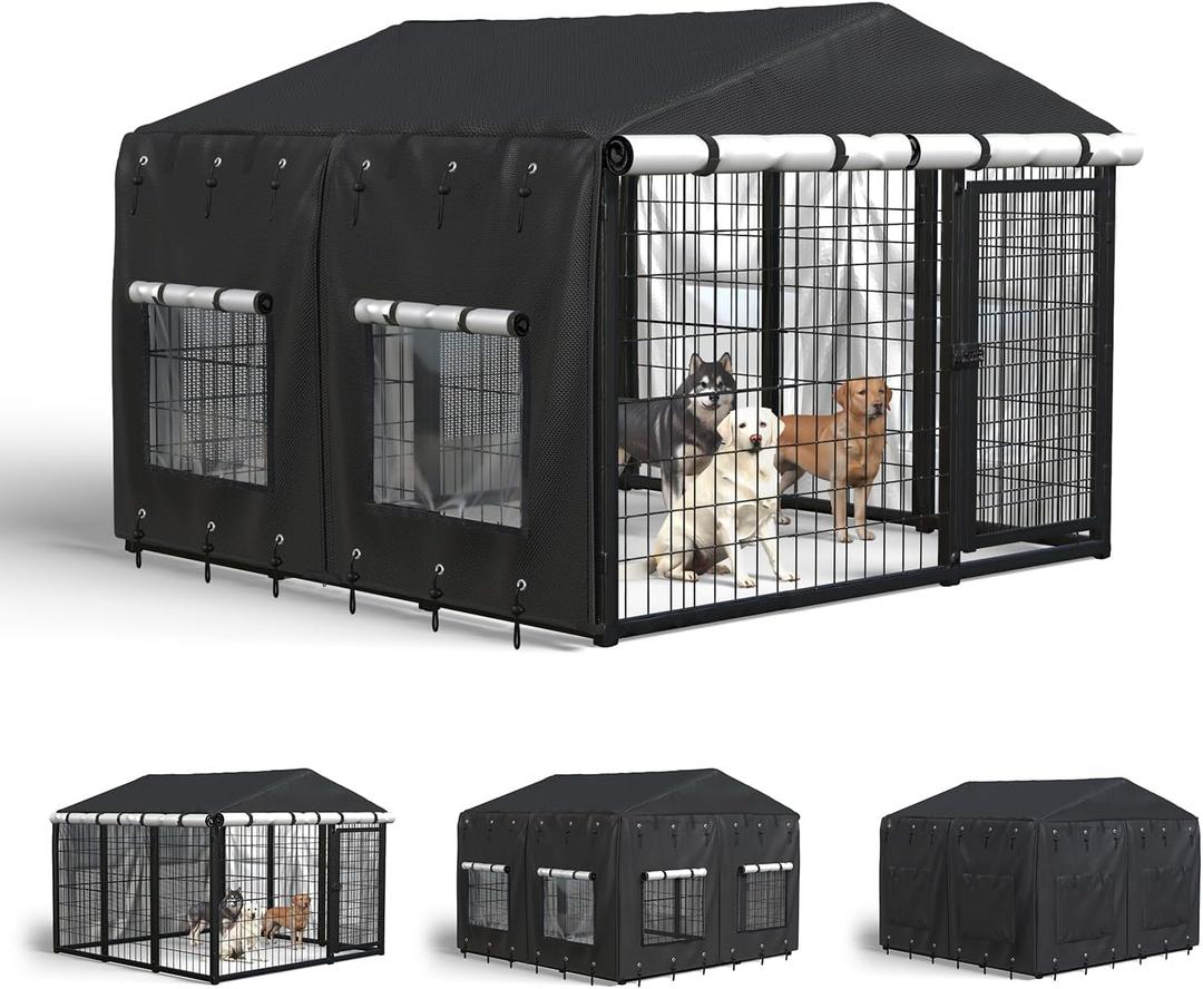 Outdoor Dog Kennel Cover for 10'Dx10'Wx7'H with Grids and Transparent Window, 600D Full Coverage & Silver-Coated Interior Waterproof Dog Crate Cover for Large Dog Cage Outdoor (Cover Only)