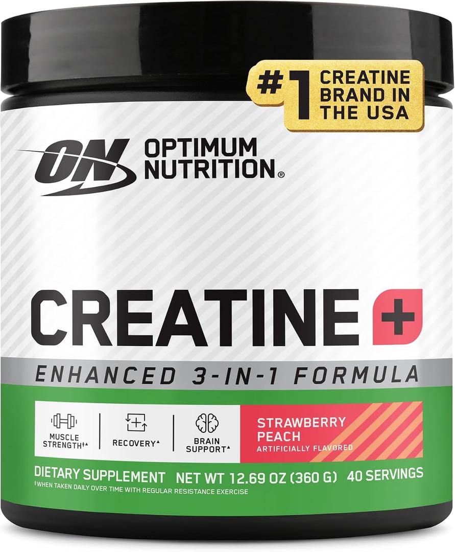 Optimum Nutrition Creatine Monohydrate Plus Powder, Strawberry Peach Flavored Creatine Performance Blend, with Electrolytes for Hydration, Added Vitamins, 40 Servings, 360 Grams (Packaging May Vary) (EXP 05/04/26)