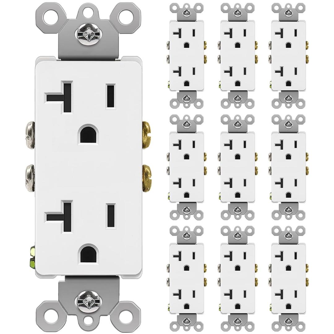 BESTTEN 10 Pack 20 Amp Decorator Wall Receptacle Outlet, Non-Tamper-Resistant, 20A/125V/2500W, Residential and Commercial Use, UL Listed, White