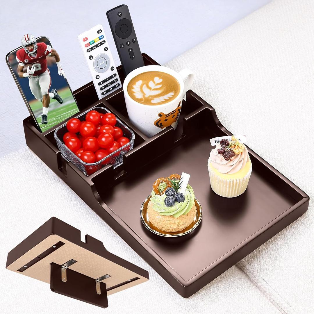 Sofa Insert Tray for Middle Seat,Bamboo Couch Table with 2 Cup Holders,Fits Armless Sofa & Sectionals,Fold-Flat Tray for Drinks,Snacks & Remotes,Brown