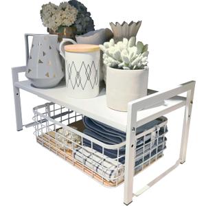 Expandable Cabinet Shelf Organizer 16-26" L Stackable Kitchen Counter Shelf Rack Stand Sink Riser Countertop Storage White (Wide 10.6D)