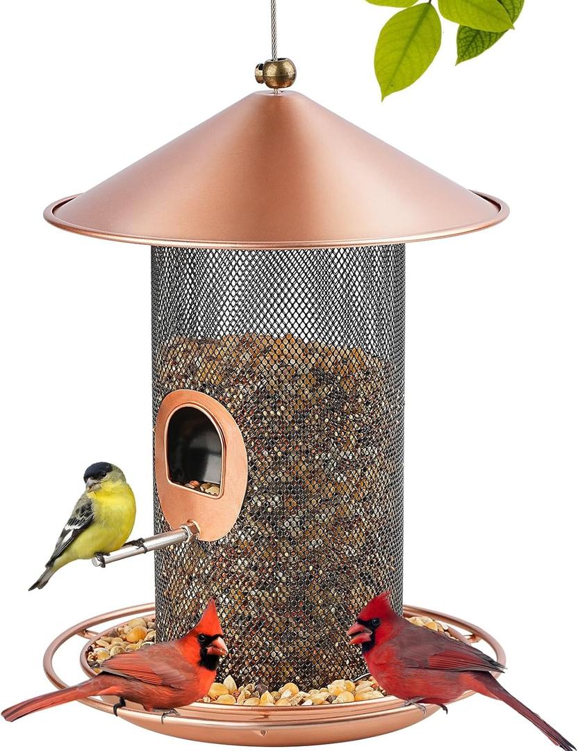 Bird Feeder for Outdoor, Metal Wild Bird Feeder Hanging Outside, 7.5" Copper Roof and 360 Degree Feeding Tray with 2 Extra Feeding Ports, 3 Lbs Bird Seeds Capacity (Bronze)