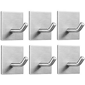 FOMANSH Heavy Duty Adhesive Hooks, Stick on Wall Adhesive Hangers, Strong Stainless Steel Holder, Self Adhesive Hooks for Kitchen Bathroom Home Door Towel Coat Key Robe,6 Packs, Silver
