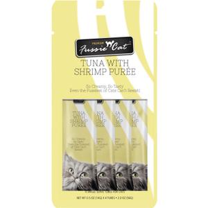 Fussie Cat Tuna with Shrimp Puree, lickable cat Treats, 0.5oz Pouch Pack of 4 (EXP 12/27/27)