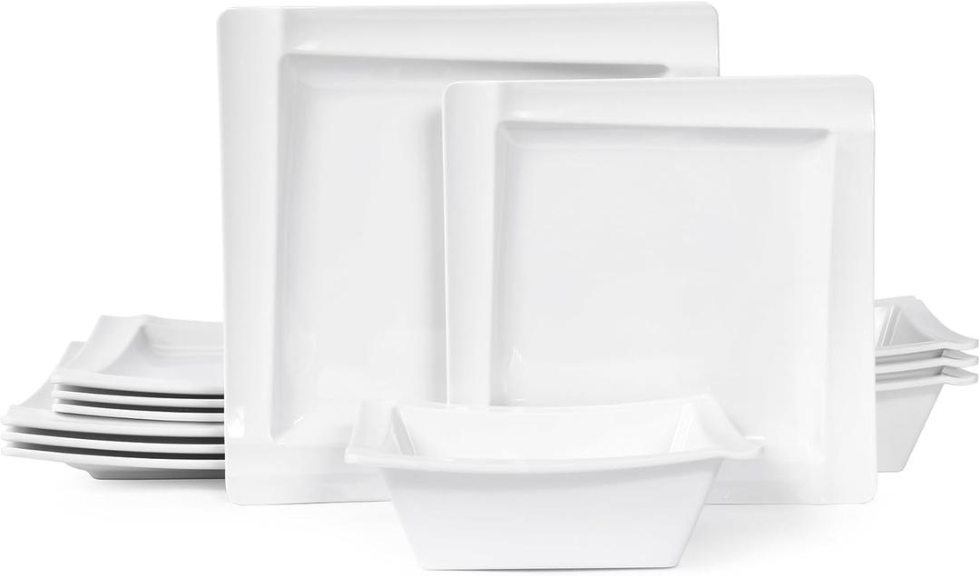 Square Melamine Dinnerware Sets of 12 Pcs, Square Plates and Bowls Sets, Unbreakable Dish Set for 4,Lightweight, Dishwasher Safe and BPA Free, Suit for RV, Camping, White