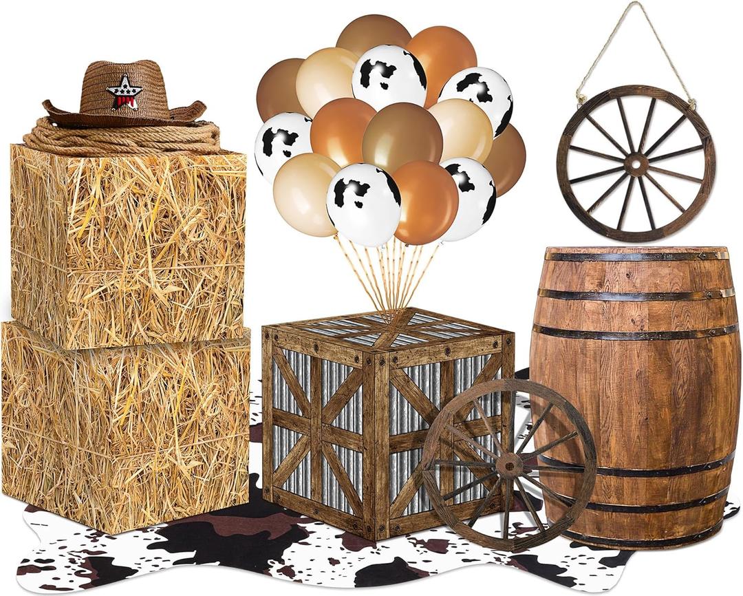 Western Cowboy Party Decor Hay Bales Boxes Cowhide Rug Wine Barrel Wooden Wagon Wheel Cowboy Balloons for Birthday Wild West Party Supplies Farm Decoration