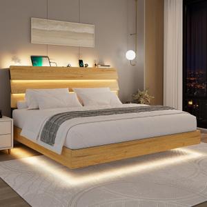 Feonase Floating Bed Frame King with Led Lights and Charging Station, Wood Full Size Bed Frame with Storage Headboard, Heavy Duty Metal Slats, No Box Spring Needed, Easy Assembly,Oak