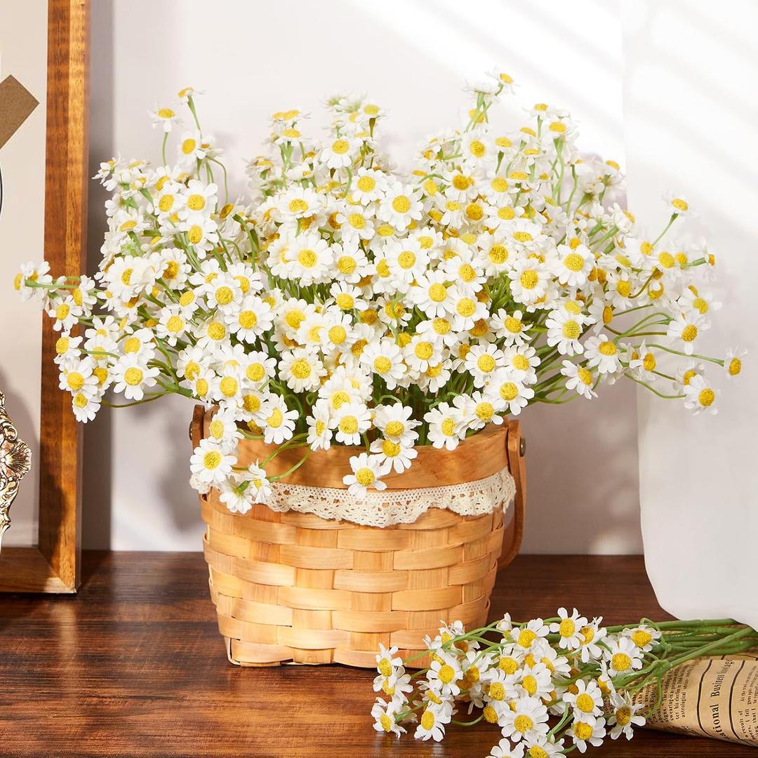 Serwalin 24pcs Small White Daisy Flowers Artificial Fake Wildflower Bouquet, Realistic Faux Daisies Arrangements for Wedding, Vase Centerpiece Table Decorations, DIY Home Party (Not Include Basket)