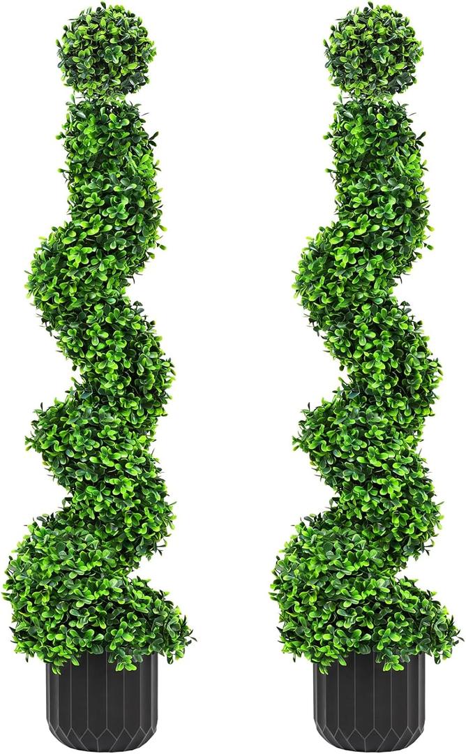 2 Pack 3FT Artificial Spiral Topiary Trees, Realistic Boxwood Trees, Evergreen PE Faux Plants with Durable Pot, Outdoor & Indoor Year-Round Garden, Patio, Porch, Home Entryway Decor