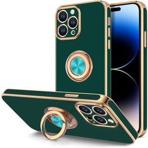 Hython for iPhone 14 Pro Case with Ring Stand [360 Rotatable Ring Holder Magnetic Kickstand] [Support Car Mount] Plated Gold Edge Soft TPU Luxury Protective Phone Case Cover, Midnight Green
