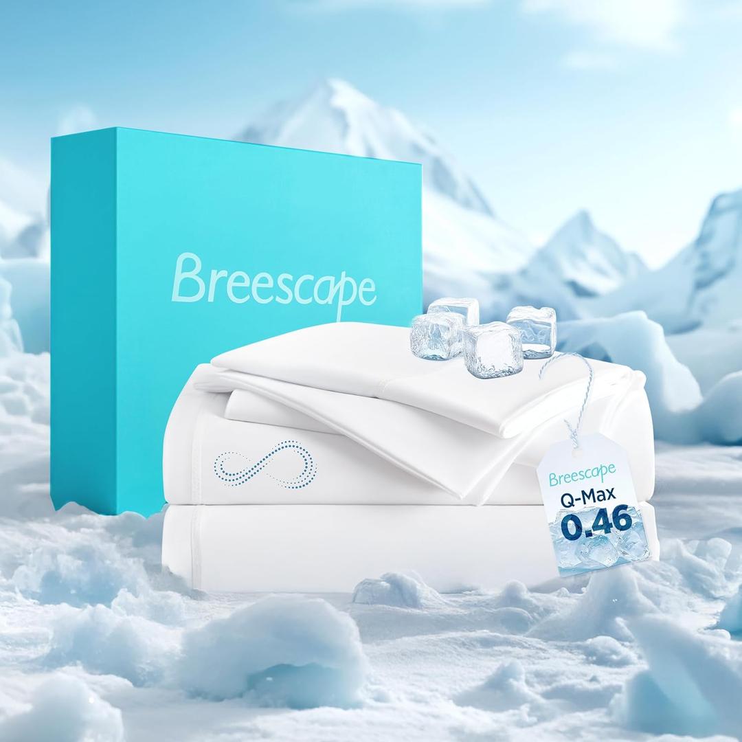 Breescape Cooling Sheets Queen Size - BlendTek Dry & Cool Technology Cooling Bed Sheets for Hot Sleepers and Night Sweats, Q-Max>0.46 Tech Queen Sheet Set, Deep Pocket Up to 18", Snow White