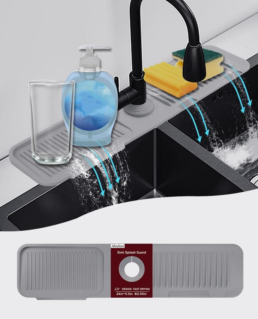 5 Slope Kitchen Sink Splash Guard-Gray Silicone Faucet Mat Handle Drip Catcher Tray Behind Faucet with Soap Dispenser Hole- 1 Pc Water Clear Gadgets for Sink Accessories 5 by 24 inch Long Organizer