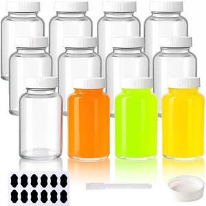 12 Pack 4 oz Glass Juice Shot Bottles with Caps, 120 ml Empty Wellness Shot Bottle, Reusable Clear Glass Bottles with Lids for Juice, Ginger Shots and Homemade Beverages