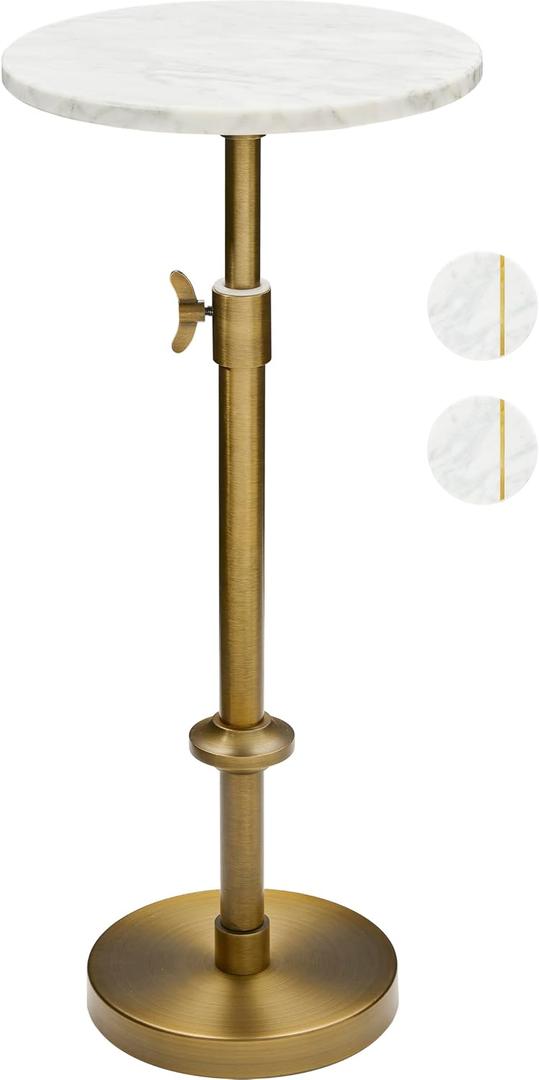 Adjustable-Height Marble Drink Table - 10x10x22-30, White Marble & Antique Brass, Modern Round End Table, Side Table with Pedestal Stand for Small Spaces, Vintage Metal Martini Cocktail Accent, 10-INCH WIDE TOP