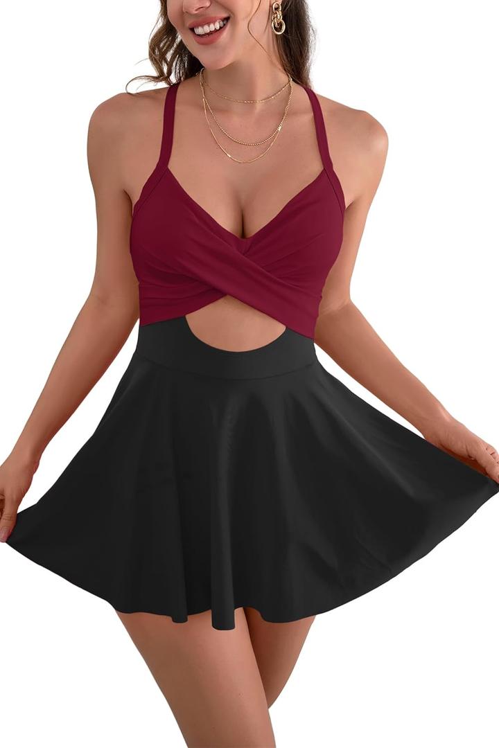 B2prity Women Cutout One Piece Skirt Swimsuit V Neck Wrap Tie Back Swimdress Tummy Control Bathing Suits (Medium, Red-4)
