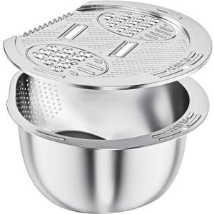 ESOW Colander Set Stainless Steel, Rice Washer Strainer Bowl with Grater, Multipurpose Use for Food Storage, Draining Water, Cutting and Slicing/Shredding, Kitchen Essentials