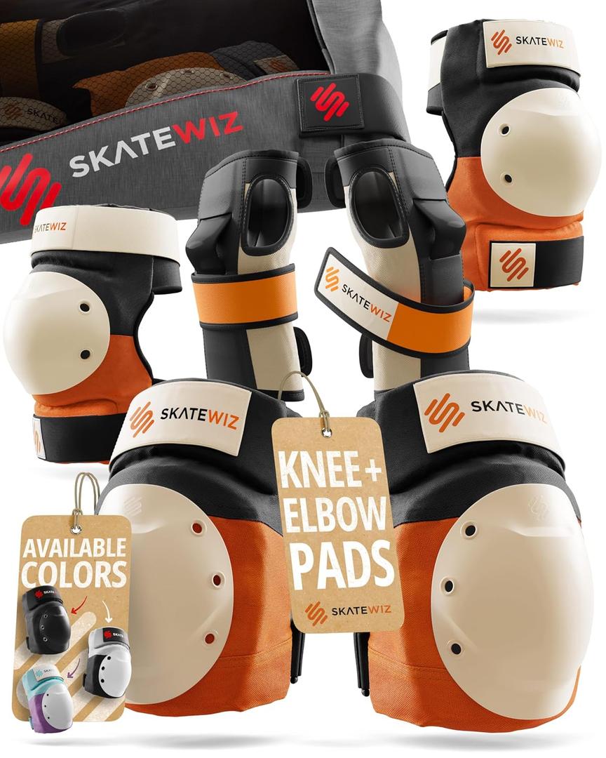 SKATEWIZ Knee and Elbow Pads Adult - Skating Protective Gear Adult - SHIELD - Size L Orange - Skate Gear Roller Skates, Skateboard and Inline Skates