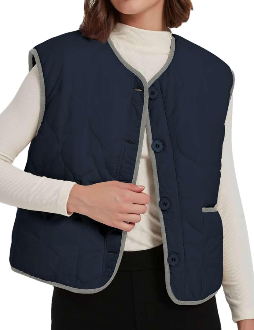 Women's Fall Reversible Vests Casual Button Down Sleeveless Sherpa Vest Fleece Padded Gilet Outerwear Jacket Coat, L