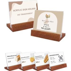 6 Pack Horizontal Acrylic Sign Holder with Wood Base 3.94x2.76 Inch Clear Tabletop Label Holder for Retail Store/Hotel/Restaurant Product Tag Note Place Card Name Sign Display
