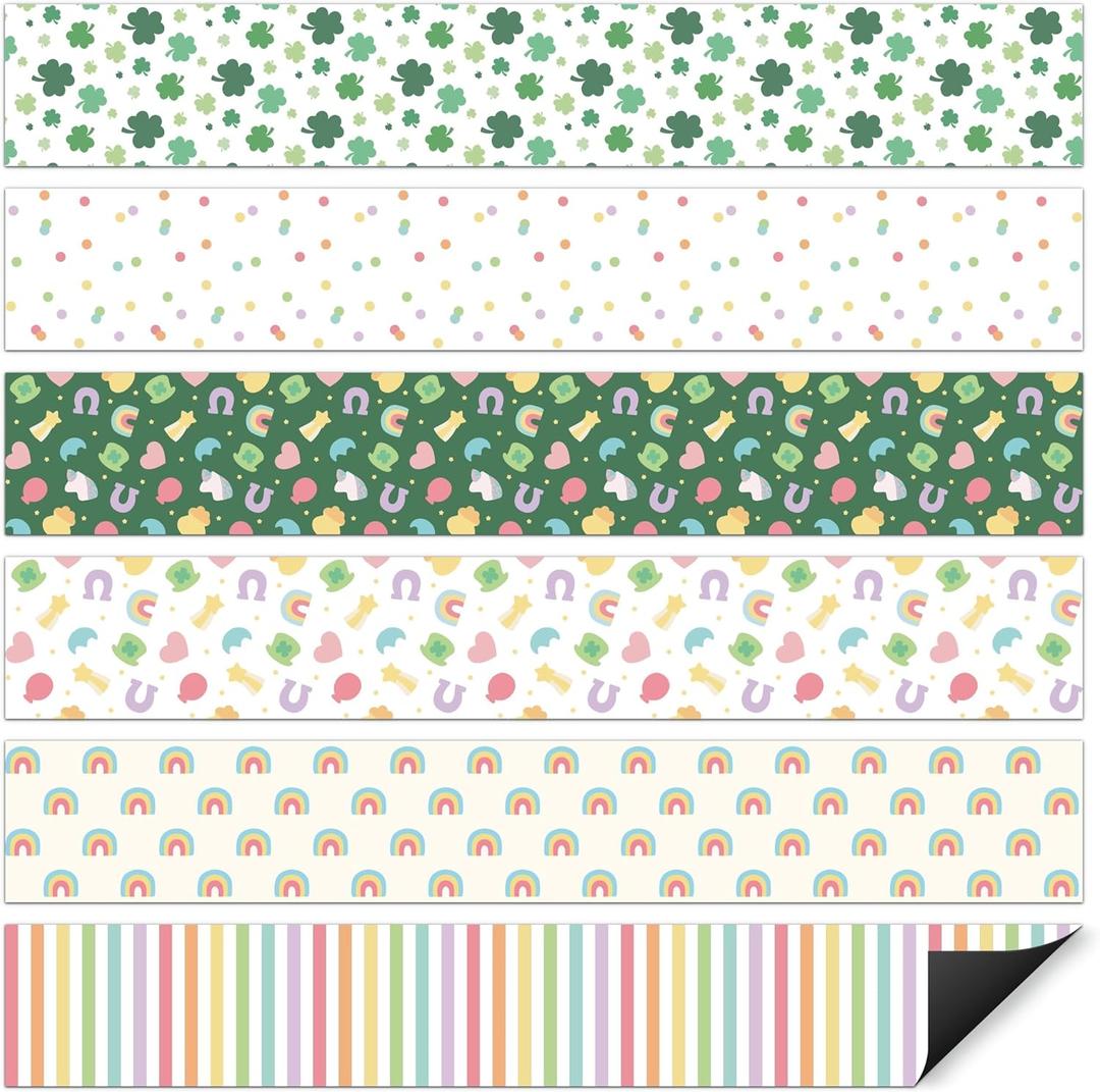 Laffact St. Patrick's Day Bulletin Board Magnetic Border - 24 Lucky Charms Clover Bulletin Board Border, Shamrock Irish Strips Decor Gift for Spring Easter St Patricks Day School Chalkboard Classroom