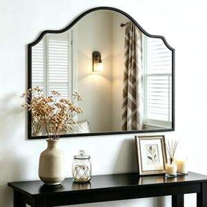 Chende Black Wall Mirrors for Decor, Antique Arched Mirror for Fireplace Mantel Decor with Wooden Frame, 40'' x 28'' Elegant Scalloped Mirror for Living Room, Dining Room, Entryway