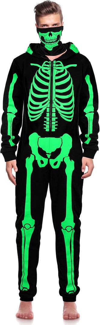 SOMSOC Men Halloween Skeleton Costume Glow in the Dark Adult Skeleton Onesie with Skull Face Cover (Large, Black)